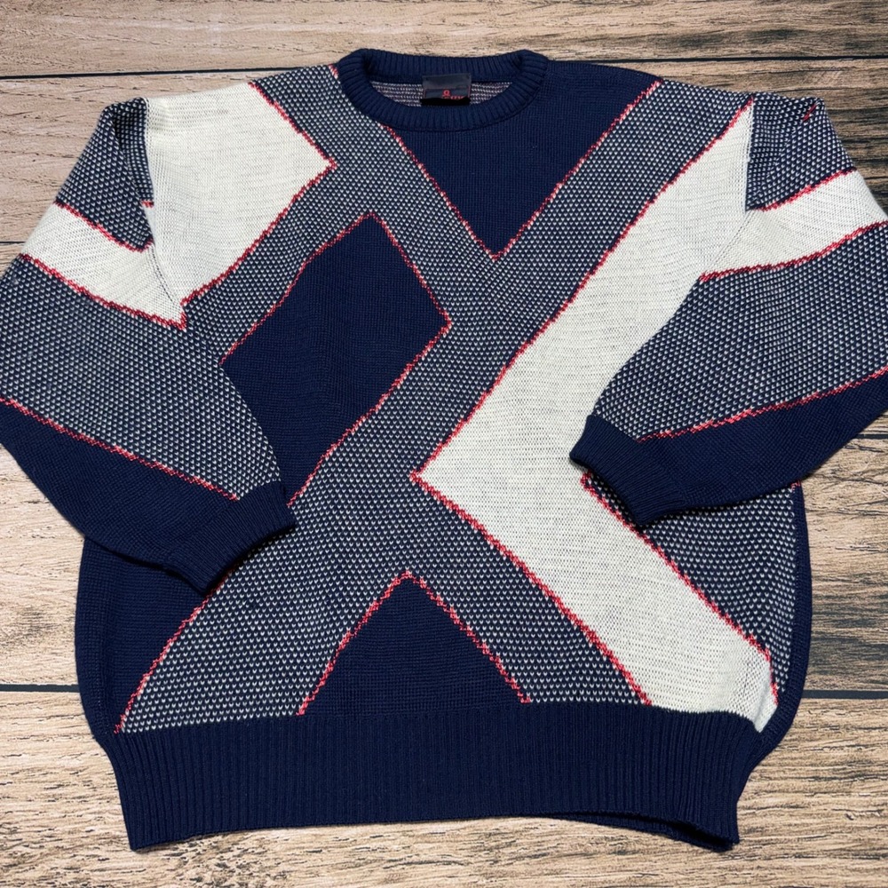 Demetre Sweater Men XL Navy Blue Vintage Geometric Intarsia Knit USA Made Retro